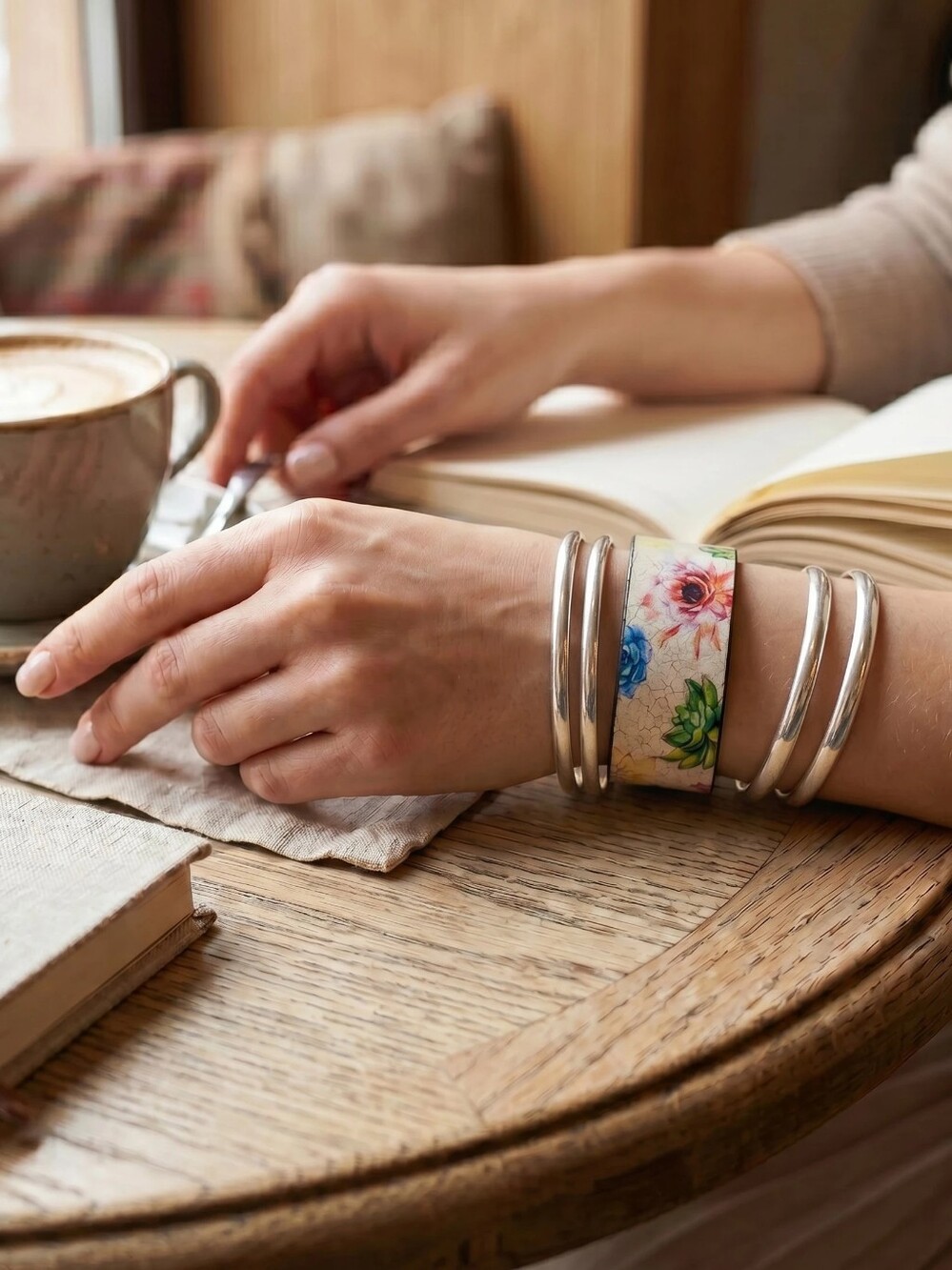 Floral Leather Look Wide Cuff Bracelet